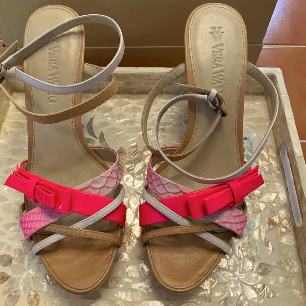 Vera Wang Pink, White and Tan Snake Embossed Bow Heel Sandals